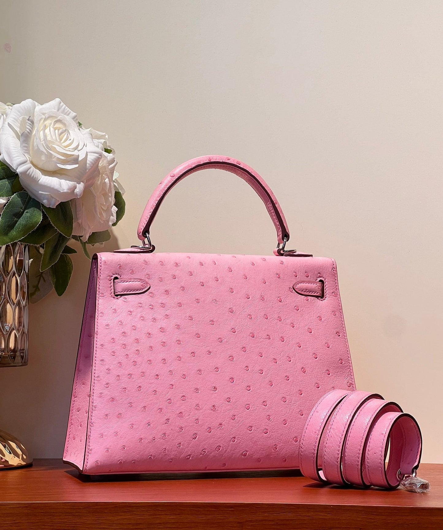 KELLY SELLIER 25 BAG IN DOLL PINK OSTRICH LEATHER WITH SILVER HARDWARE (MADE-TO-ODER)