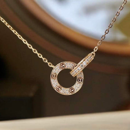 [Clover Jewelery]LOVE 7.6MM NECKLACE ROSE GOLD AND SILVER  FULL DIAMOND