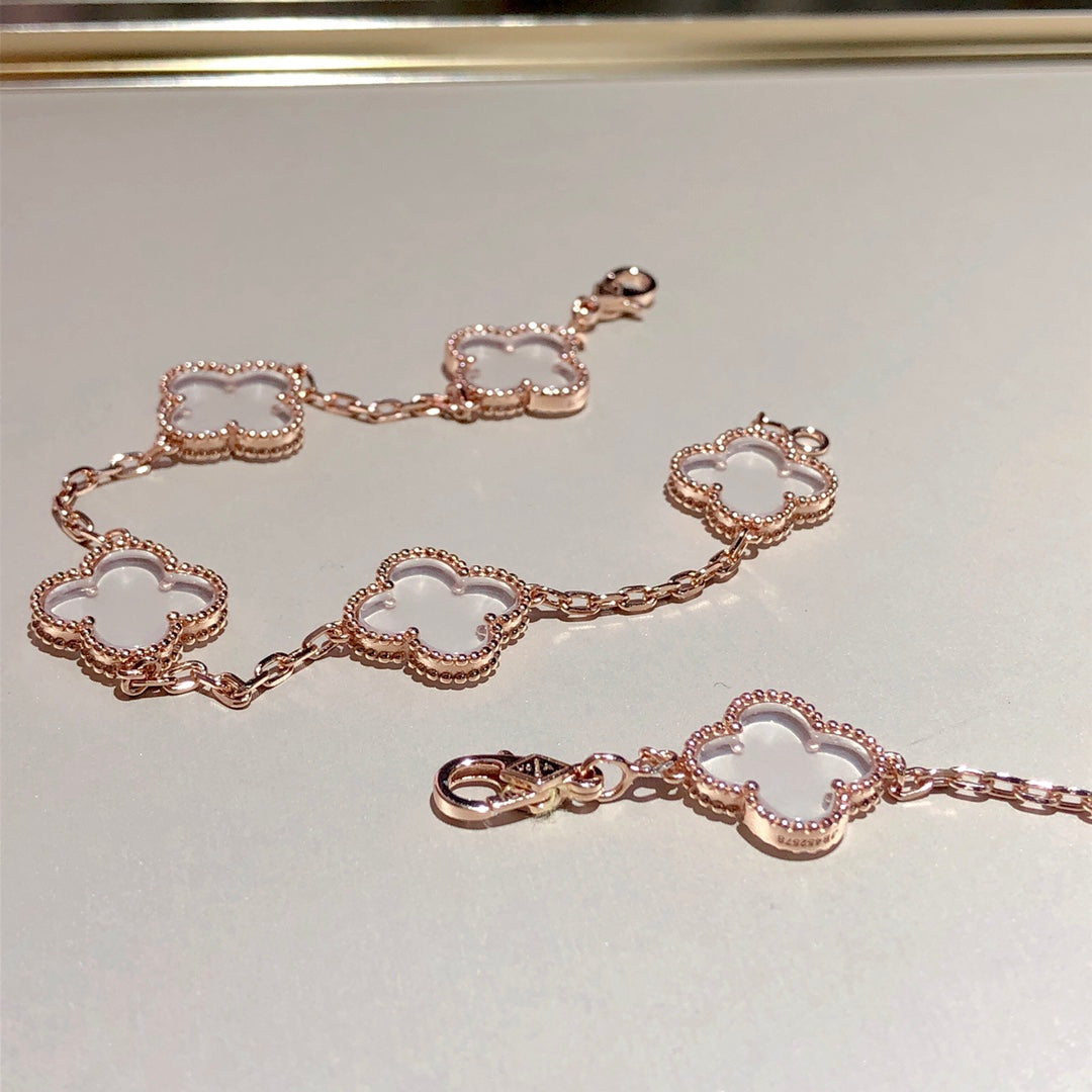 [Clover Jewelery]CLOVER 5 MOTIF ROCK CRYSTAL PINK GOLD BRACELET