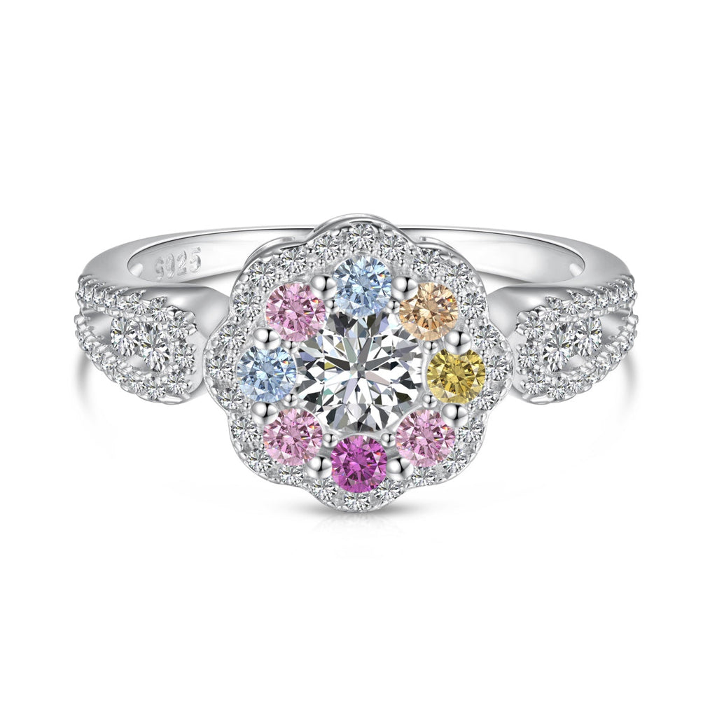 [Clover Jewelry]Delicate Colorful Round Cut Flower Shape Wedding Ring