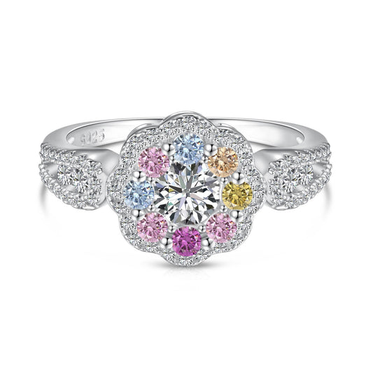 [Clover Jewelery]Delicate Colorful Round Cut Flower Shape Wedding Ring