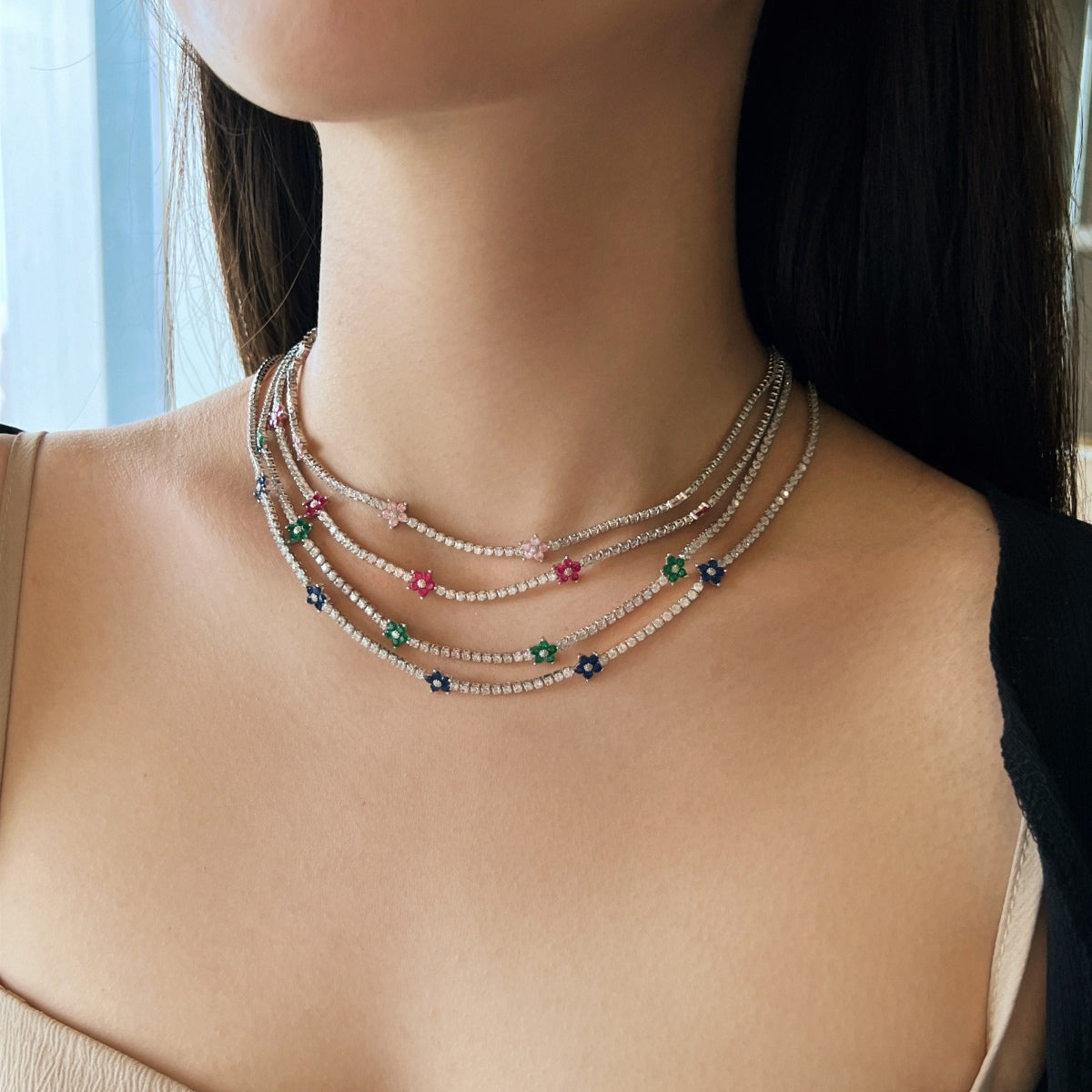 [Clover Jewelery]Luxurious Colorful Flower Tennis Necklace