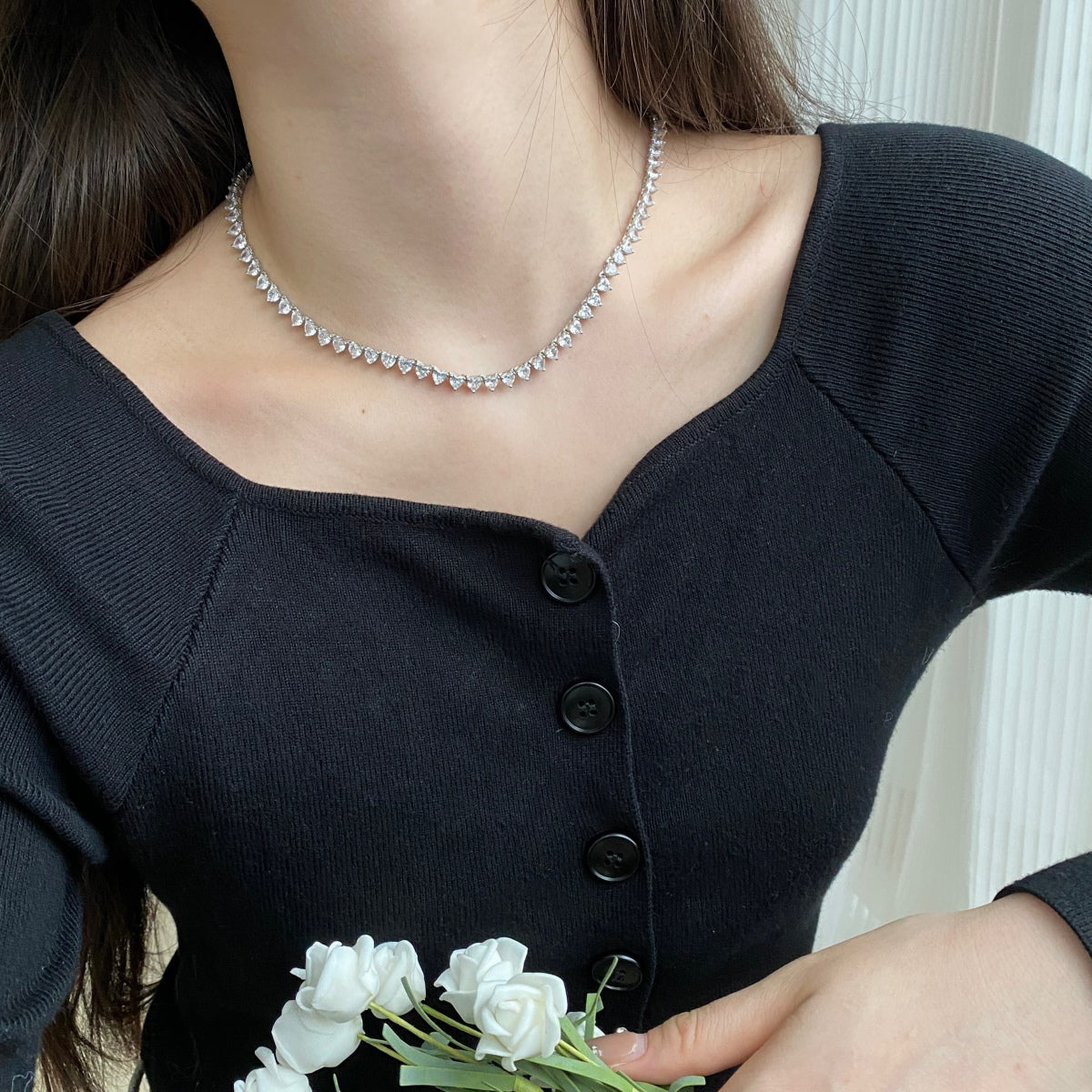 [Clover Jewelery]Ornate Heart Cut Tennis Necklace