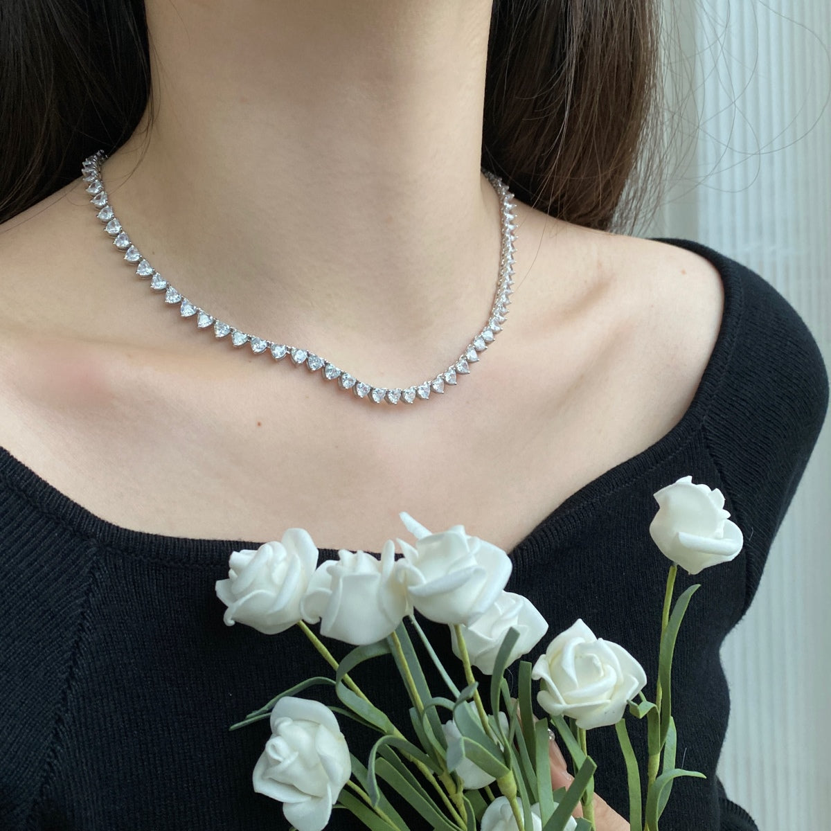 [Clover Jewelery]Ornate Heart Cut Tennis Necklace