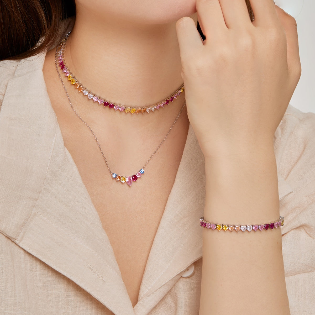 [Clover Jewelery]Sparkling Colorful Full Heart Tennis Necklace