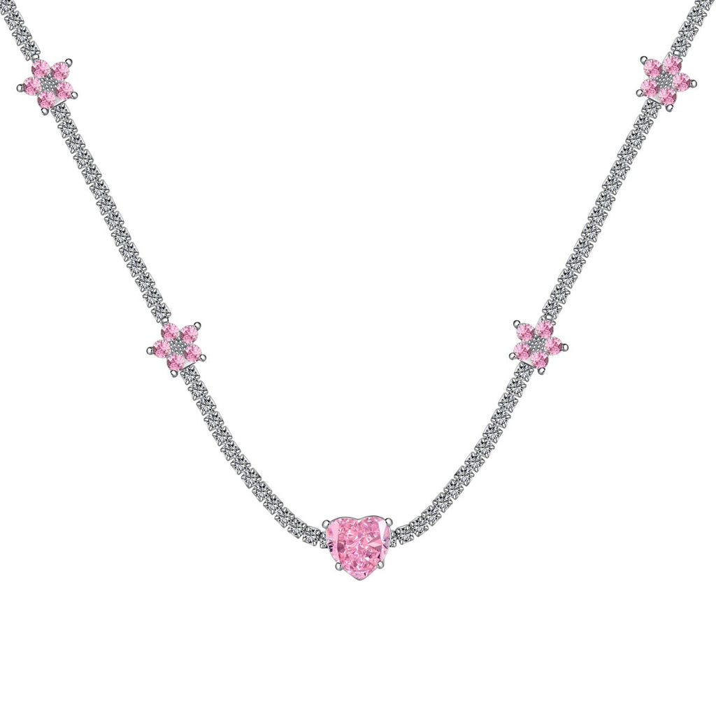 [Clover Jewelry]Dazzling Pink Heart Flower Necklace