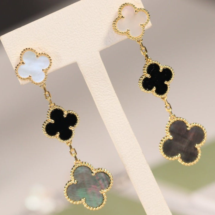 [Clover Jewelery]CLOVER EARRINGS GOLD ONYX MOP 3 MOTIF