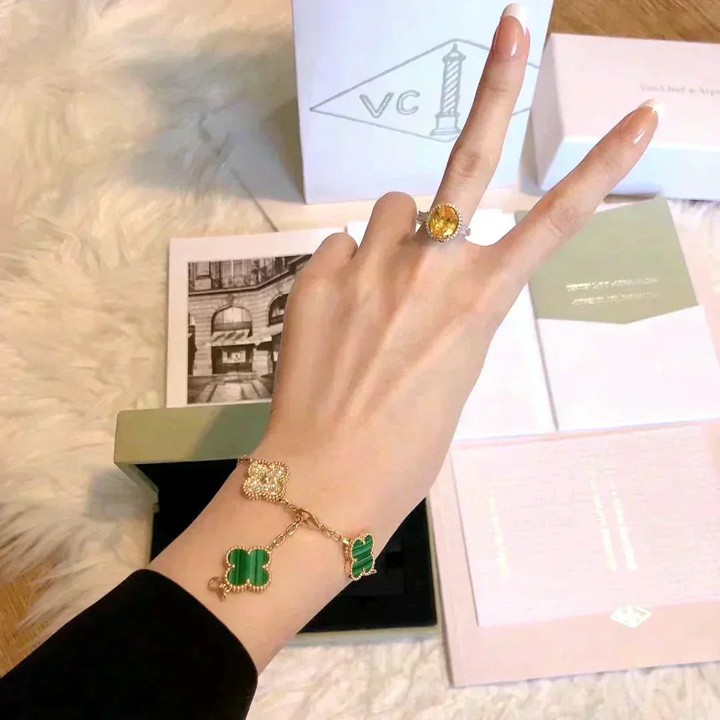 [Clover Jewelry]クローバー 5モチーフ マラカイト ダイヤモンド ブレスレット