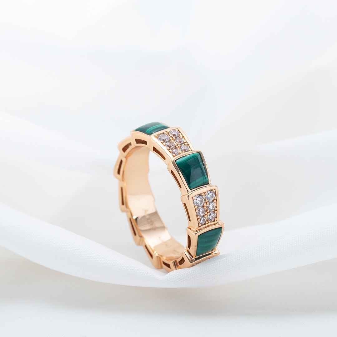 [Clover Jewelery]SERPENTI RING PINK GOLD MALACHITE DIAMOND PAVED 4MM