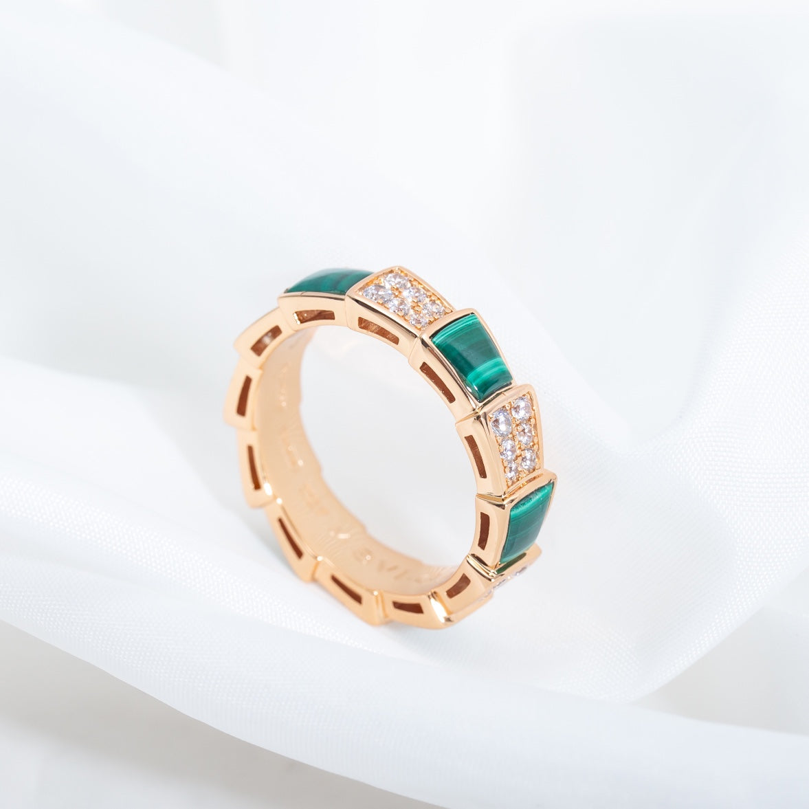 [Clover Jewelery]SERPENTI RING PINK GOLD MALACHITE DIAMOND PAVED 4MM