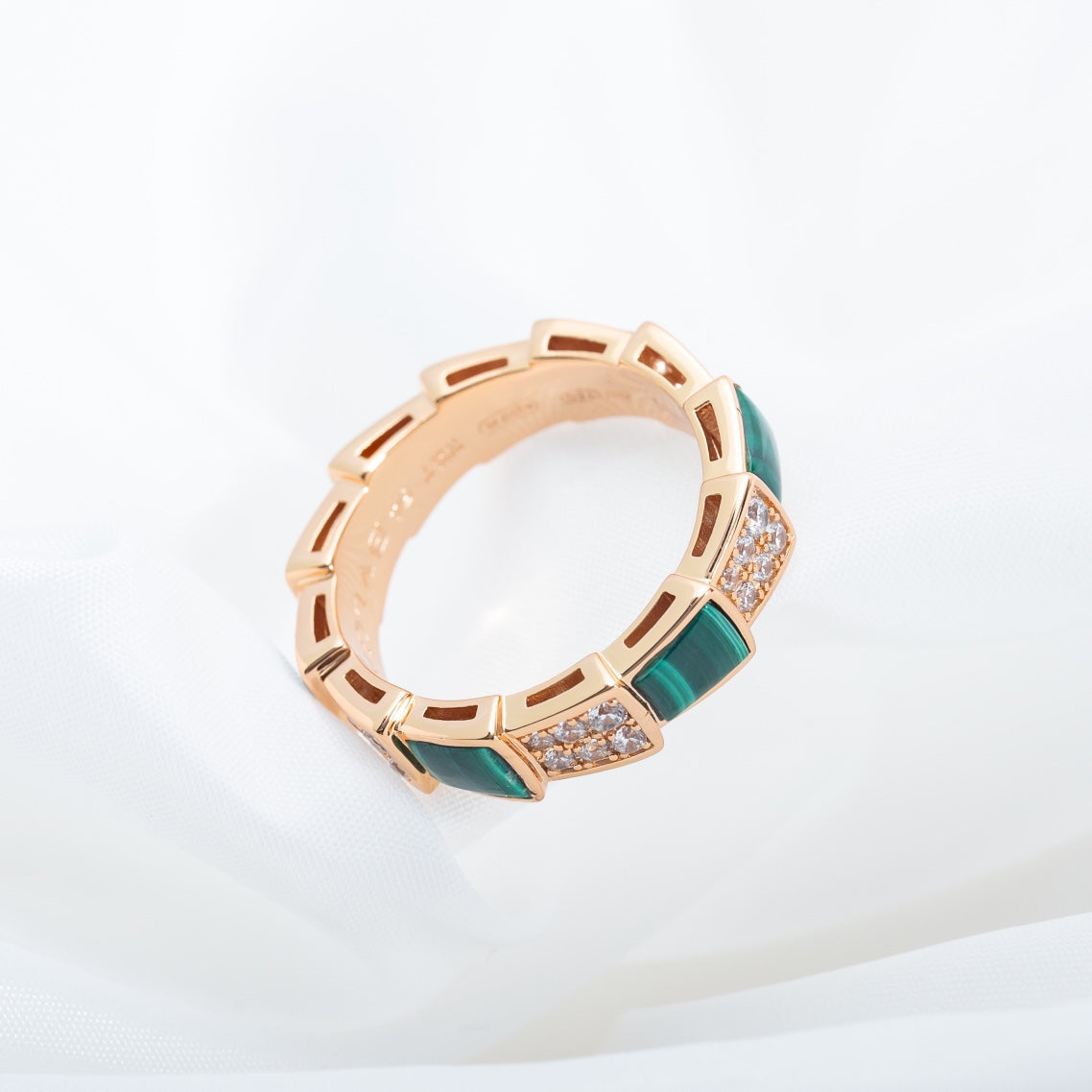 [Clover Jewelery]SERPENTI RING PINK GOLD MALACHITE DIAMOND PAVED 4MM