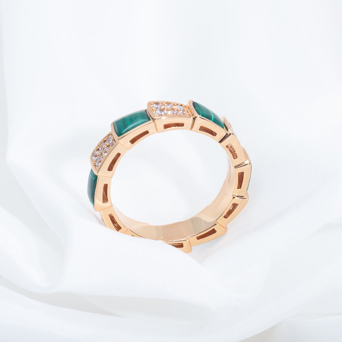 [Clover Jewelery]SERPENTI RING PINK GOLD MALACHITE DIAMOND PAVED 4MM