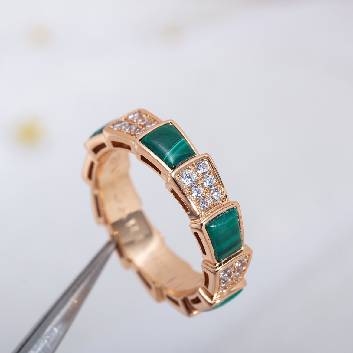 [Clover Jewelery]SERPENTI RING PINK GOLD MALACHITE DIAMOND PAVED 4MM