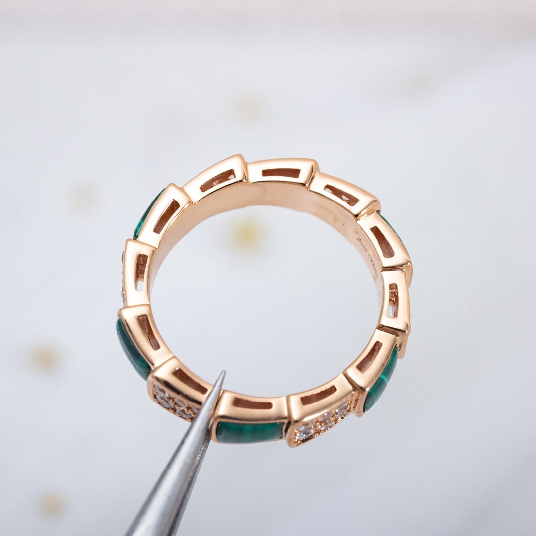 [Clover Jewelery]SERPENTI RING PINK GOLD MALACHITE DIAMOND PAVED 4MM
