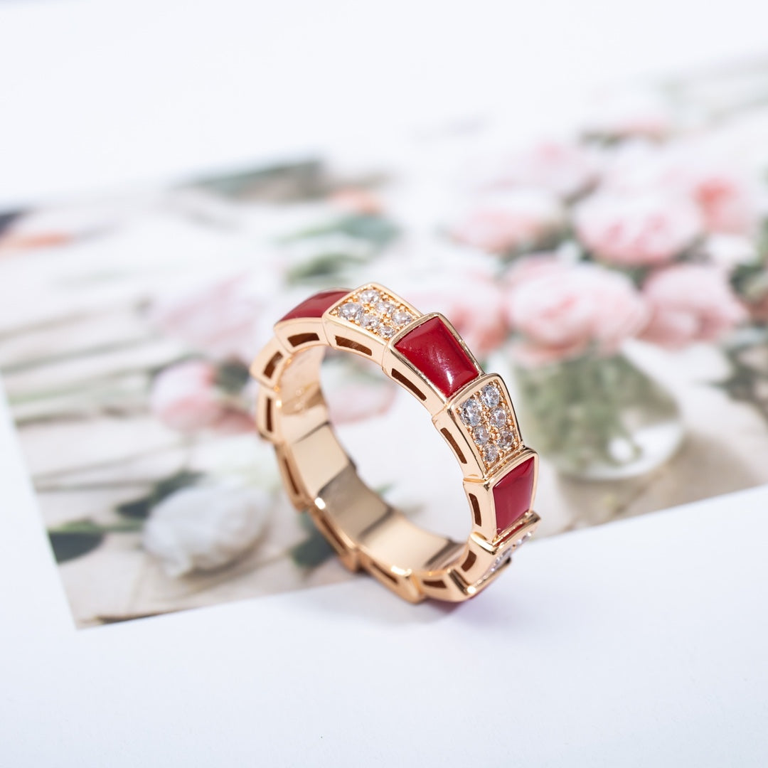 [Clover Jewelry]SERPENTI RING PINK GOLD CARNELIAN DIAMOND PAVED 4MM