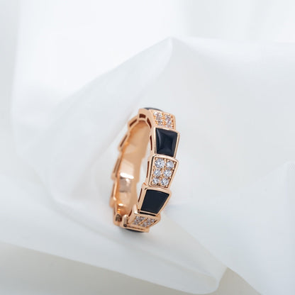 [Clover Jewelery]SERPENTI RING PINK GOLD BLACK MOP DIAMOND PAVED 4MM