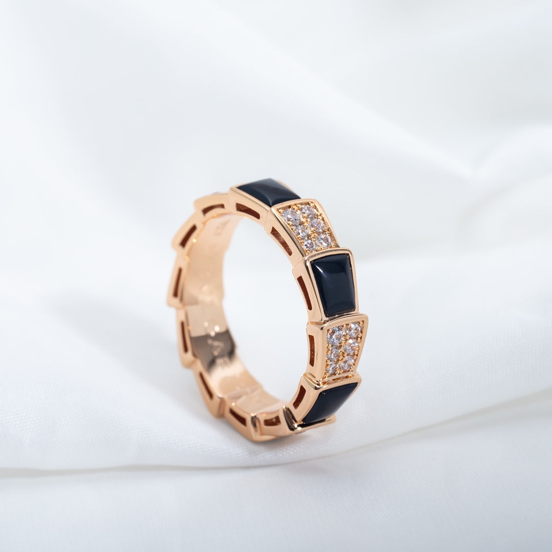[Clover Jewelery]SERPENTI RING PINK GOLD BLACK MOP DIAMOND PAVED 4MM