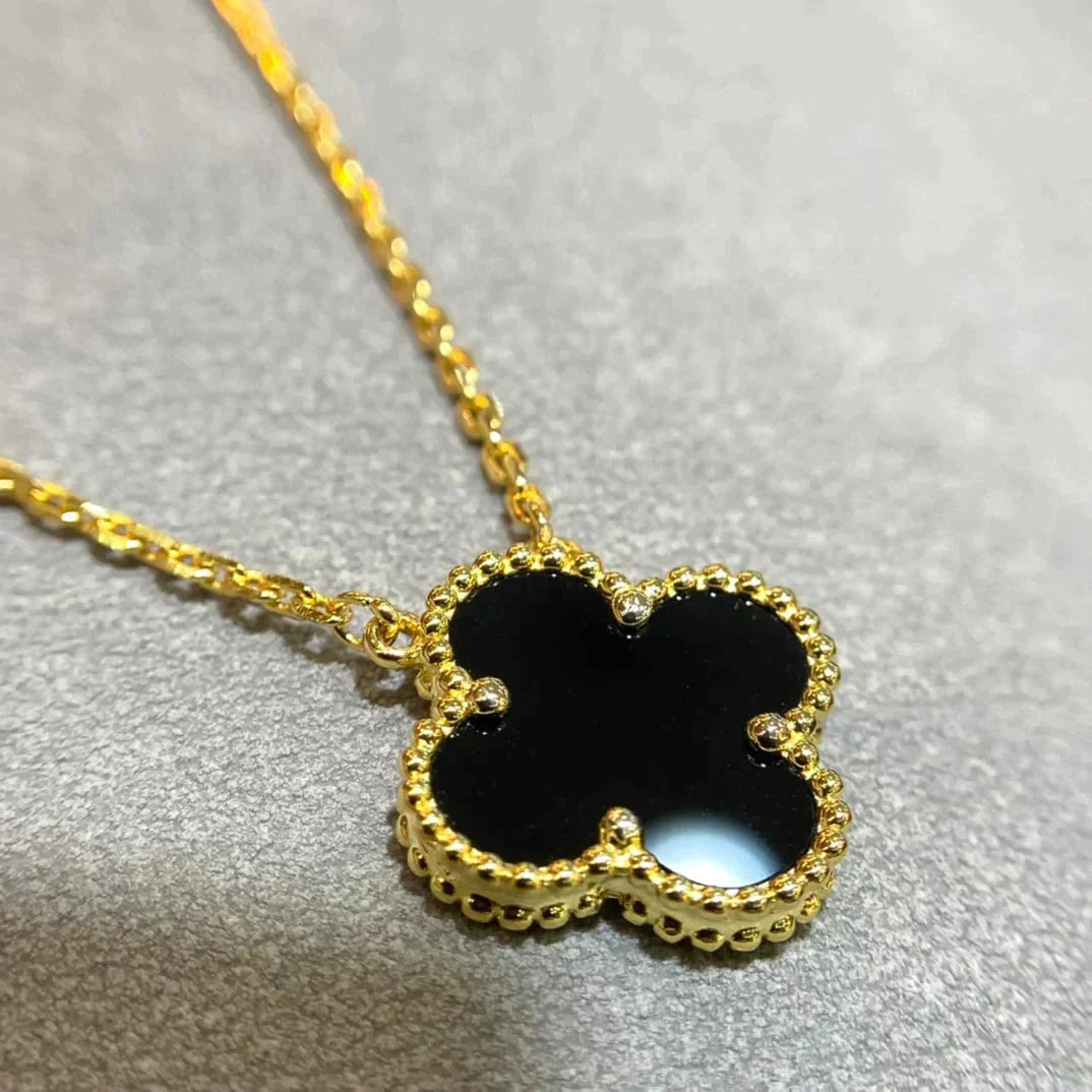 [Kleeblatt Schmuck]KLEE 15MM SCHWARZER ONYX EINE BLUME HALSKETTE