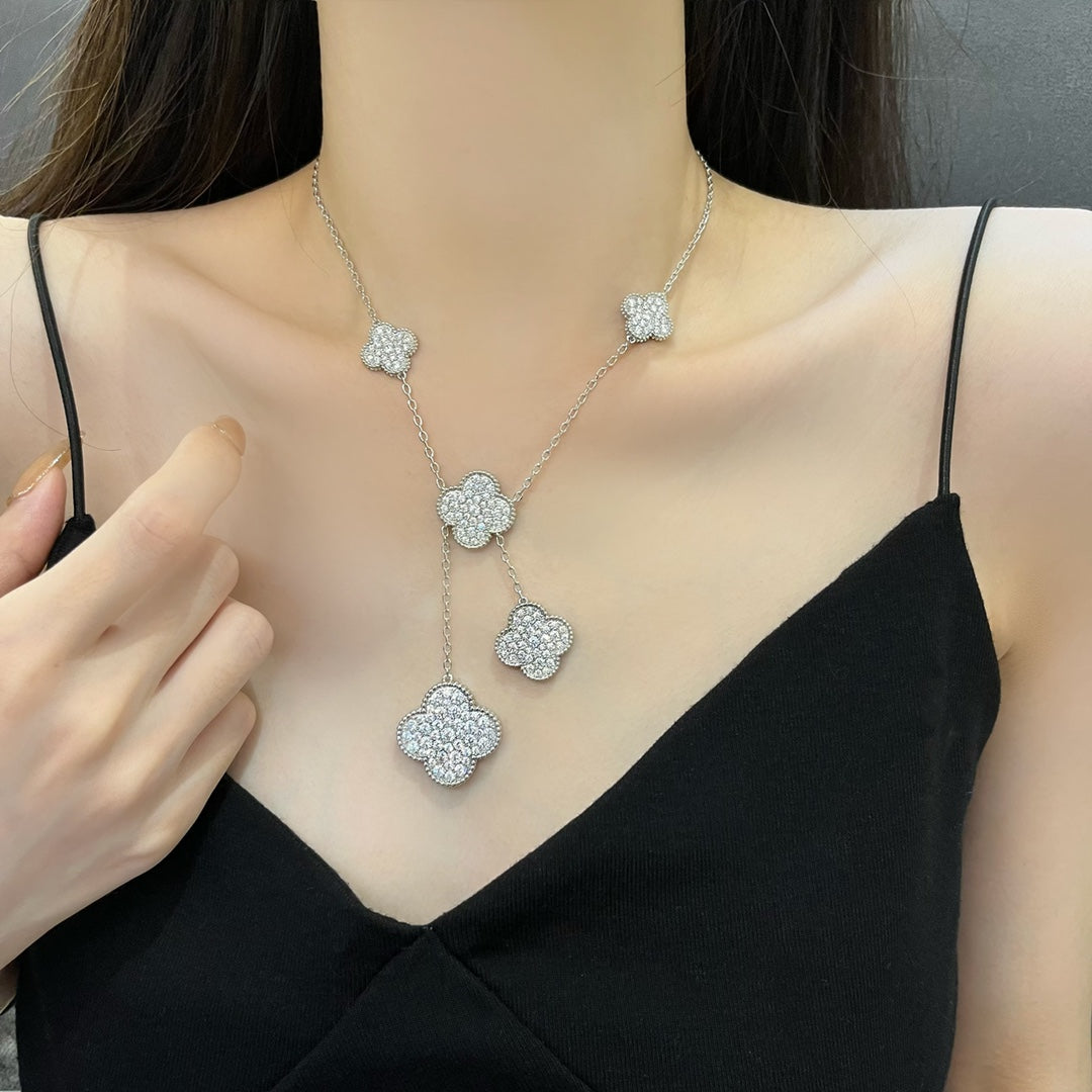 [Clover Jewelery]CLOVER 5 MOTIFS SILVER DIAMONDS NECKLACE