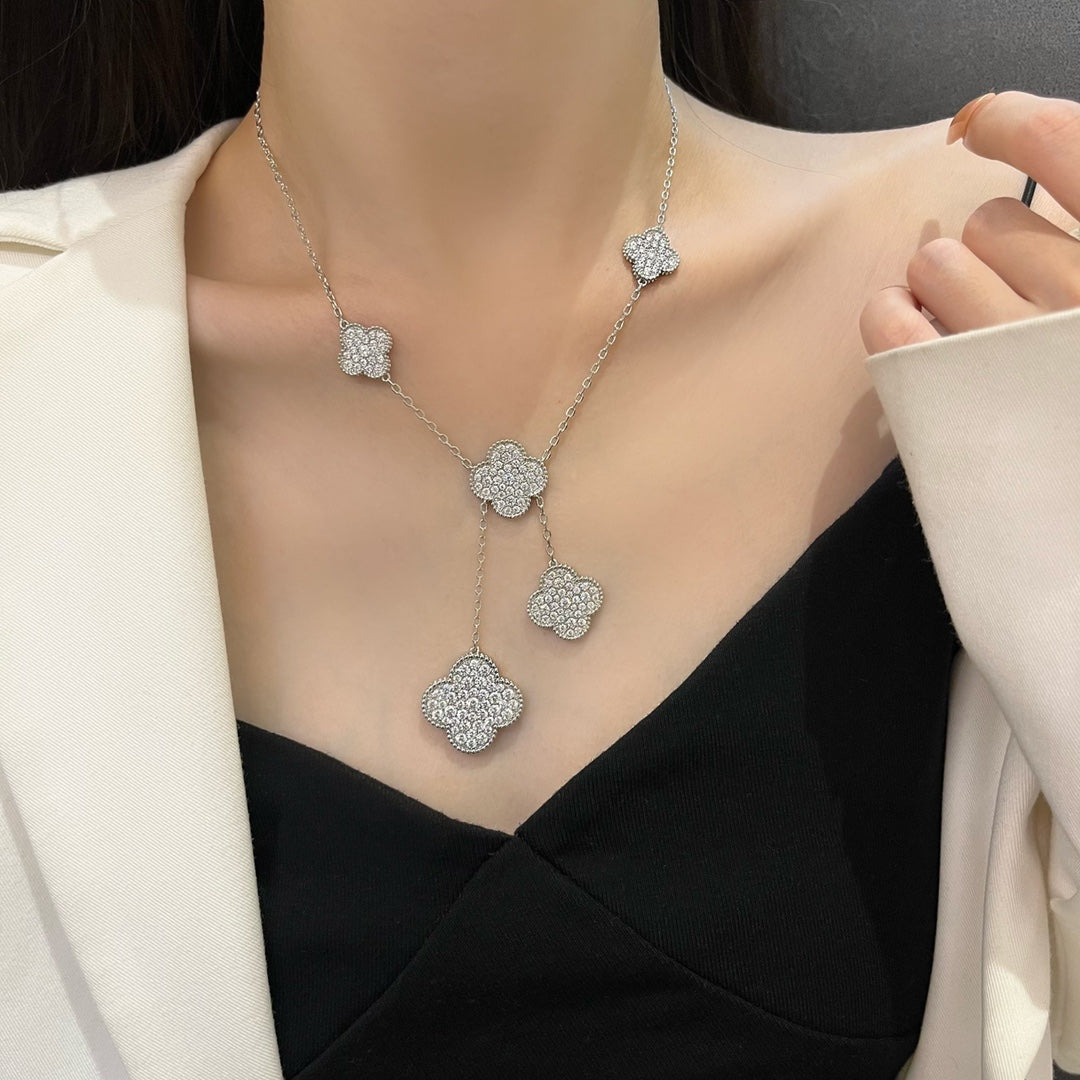 [Clover Jewelery]CLOVER 5 MOTIFS SILVER DIAMONDS NECKLACE
