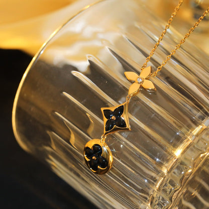[Clover Jewelery]STAR AND SUN ONYX PINK GOLD NECKLACE