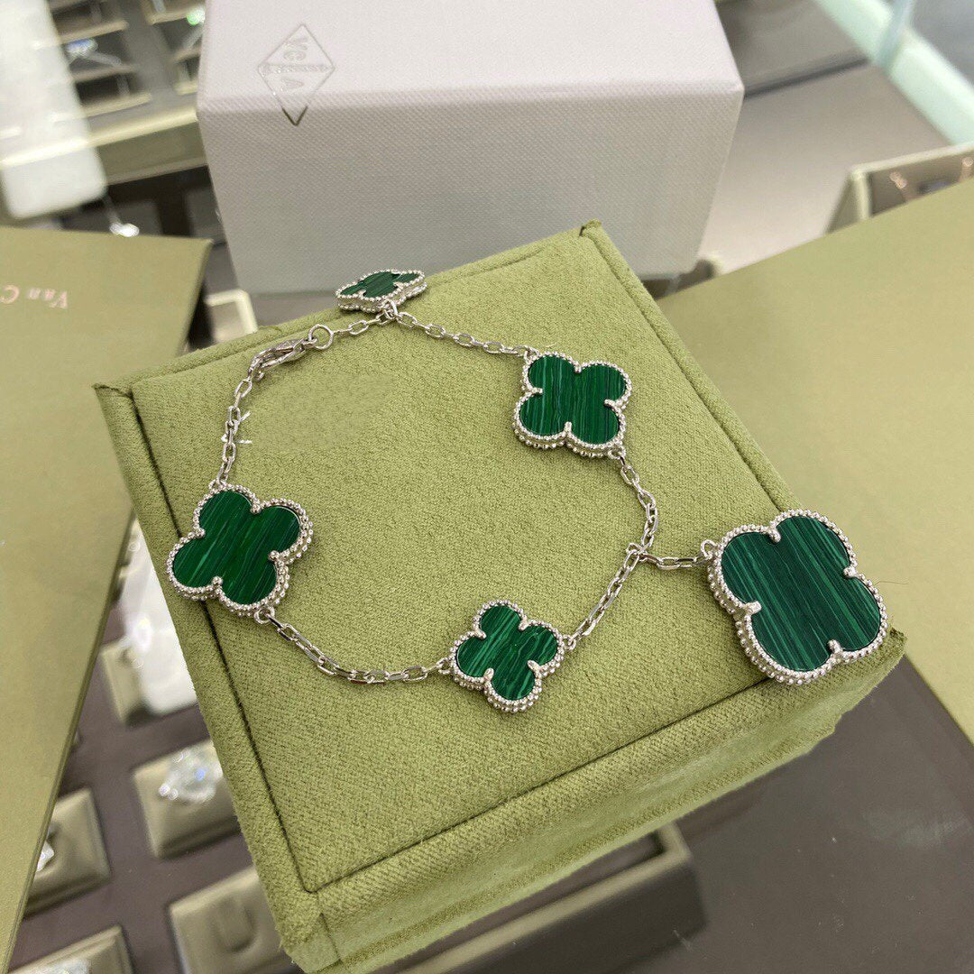[Clover Jewelery]CLOVER 5 MOTIFS SIVLER MALACHITE BRACELET