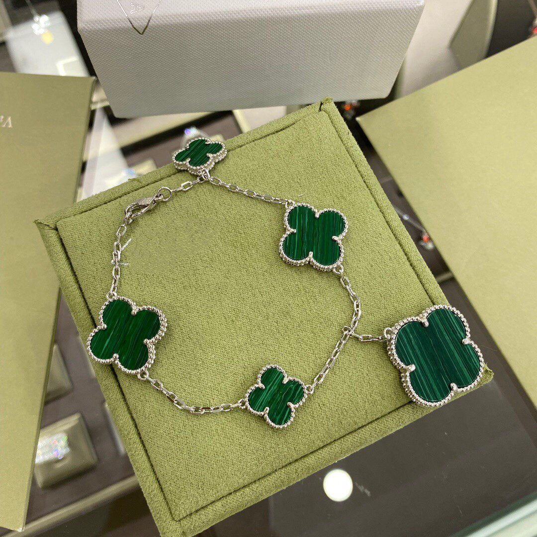 [Clover Jewelery]CLOVER 5 MOTIFS SIVLER MALACHITE BRACELET