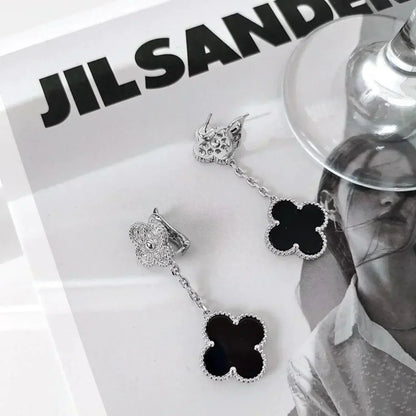 [Clover Jewelery]CLOVER 2 MOTIFS  DIAMOND ONYX EARRINGS SILVER