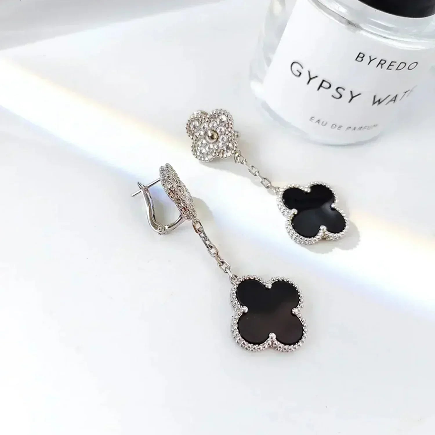 [Clover Jewelry]CLOVER 2 MOTIVE  DIAMANT ONYX OHRRINGE SILBER