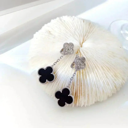 [Clover Jewelery]CLOVER 2 MOTIFS  DIAMOND ONYX EARRINGS SILVER