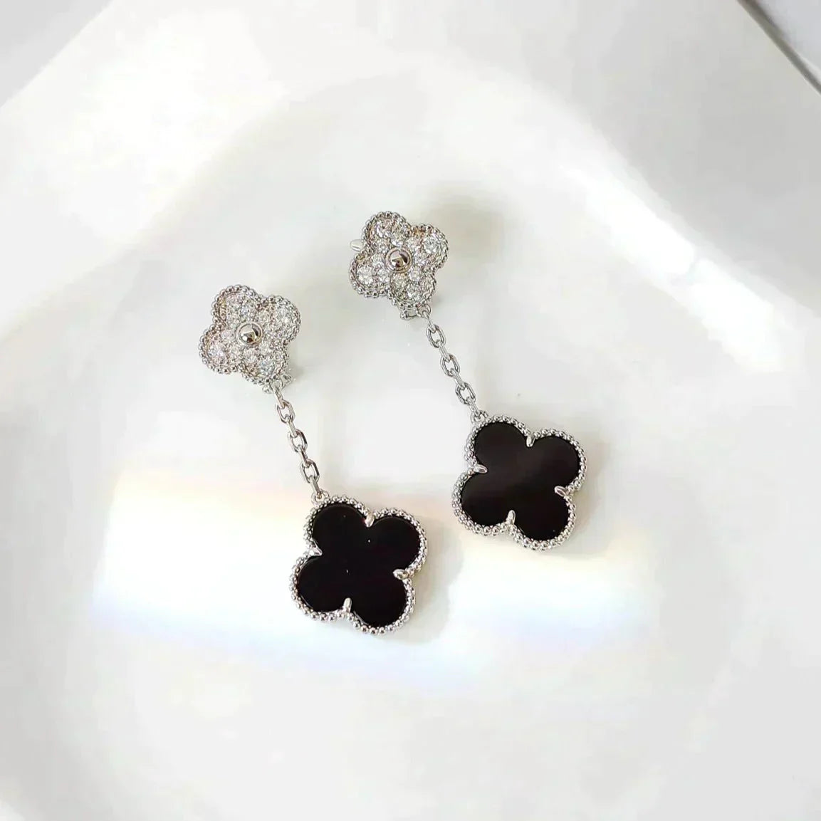 [Clover Jewelery]CLOVER 2 MOTIFS  DIAMOND ONYX EARRINGS SILVER