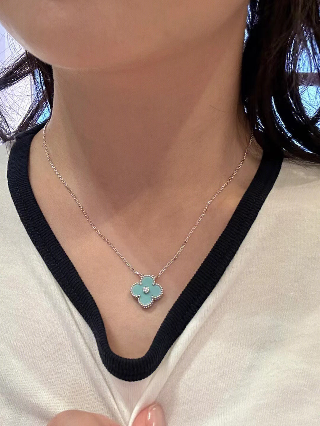 [Clover Jewelery]CLOVER 1 DIAMOND LIGHT BLUE SILVER NECKLACE