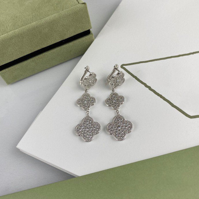 [Clover Jewelery]CLOVER 3 MOTIF DIAMOND SILVER DROP EARRINGS