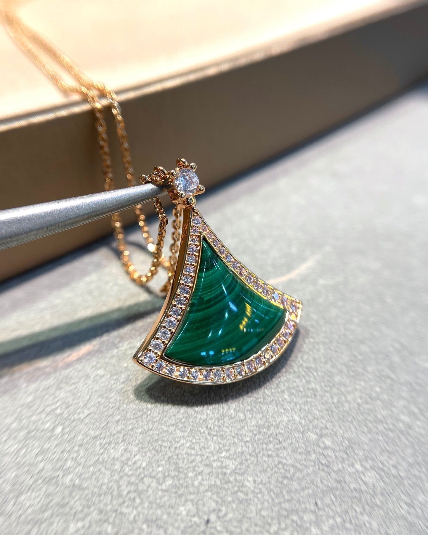[Clover Jewelery]DREAM MALACHITE DIAMOND PAVED PINK GOLD NECKLACE
