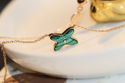 [Clover Jewelery]JEUX MALACHITE 1 DIAMOND PINK GOLD NECKLACE