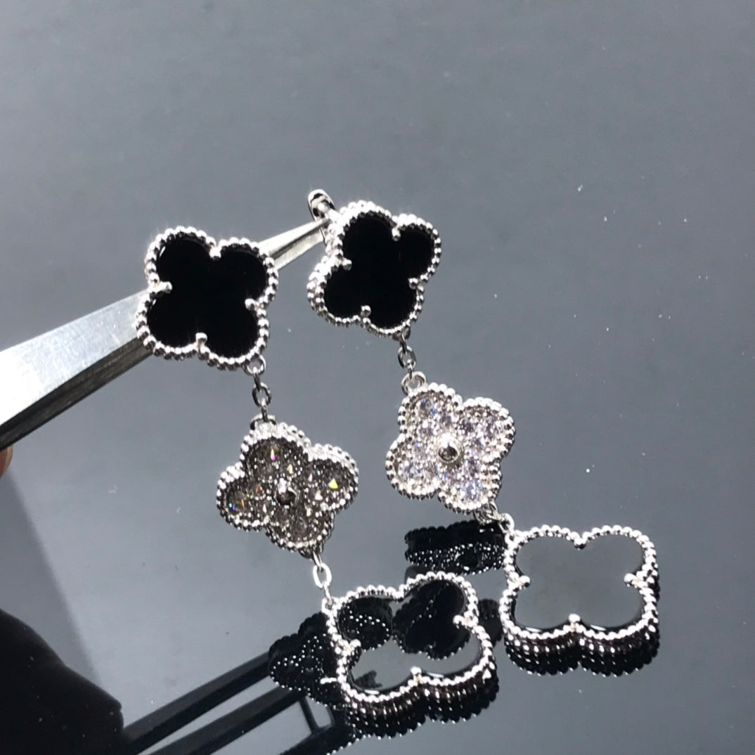 [Clover Jewelry]CLOVER 3 MOTIV DIAMANT ONYX SILBER OHRRINGE