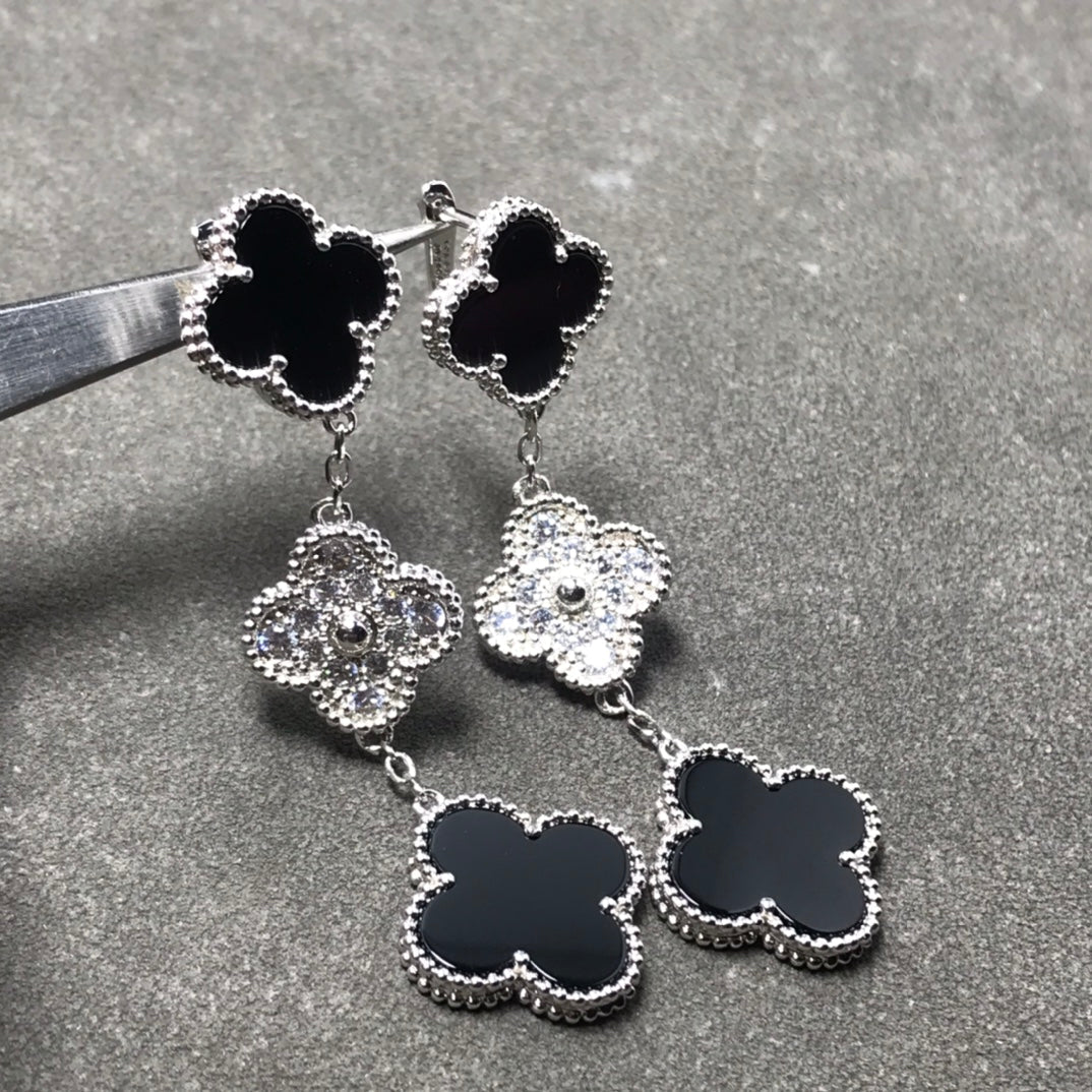 [Clover Jewelery]CLOVER 3 MOTIF DIAMOND ONYX SILVER EARRINGS