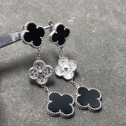 [Clover Jewelery]CLOVER 3 MOTIF DIAMOND ONYX SILVER EARRINGS