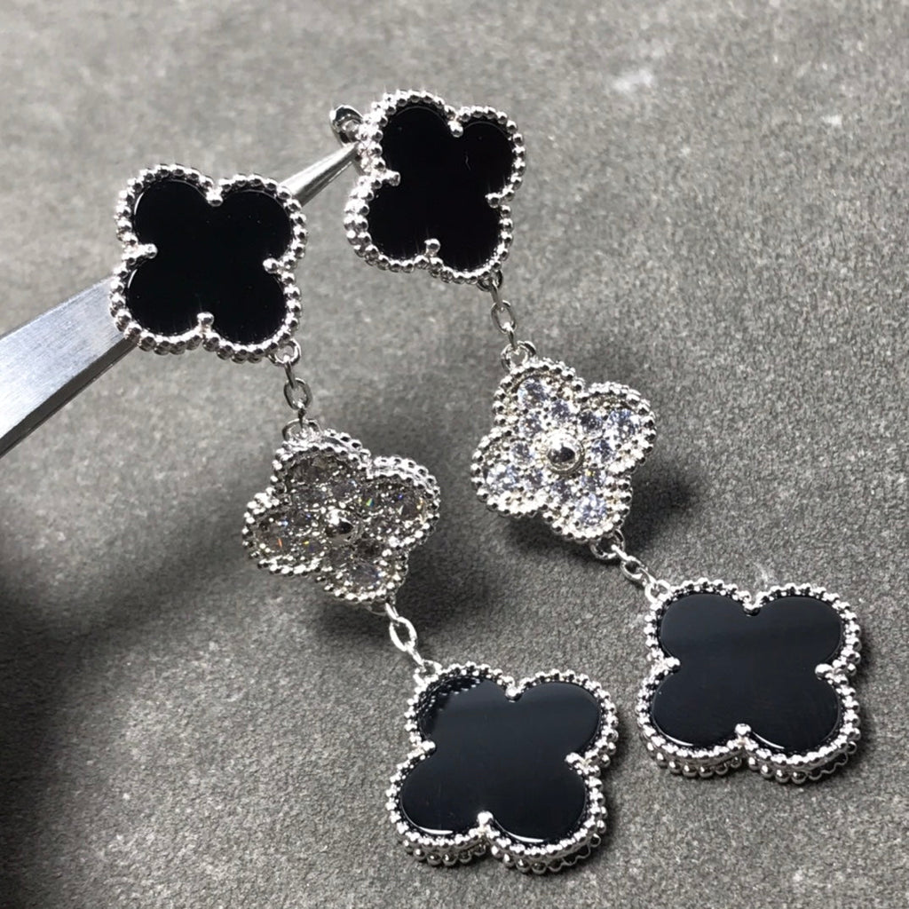 [Clover Jewelry]CLOVER 3 MOTIV DIAMANT ONYX SILBER OHRRINGE