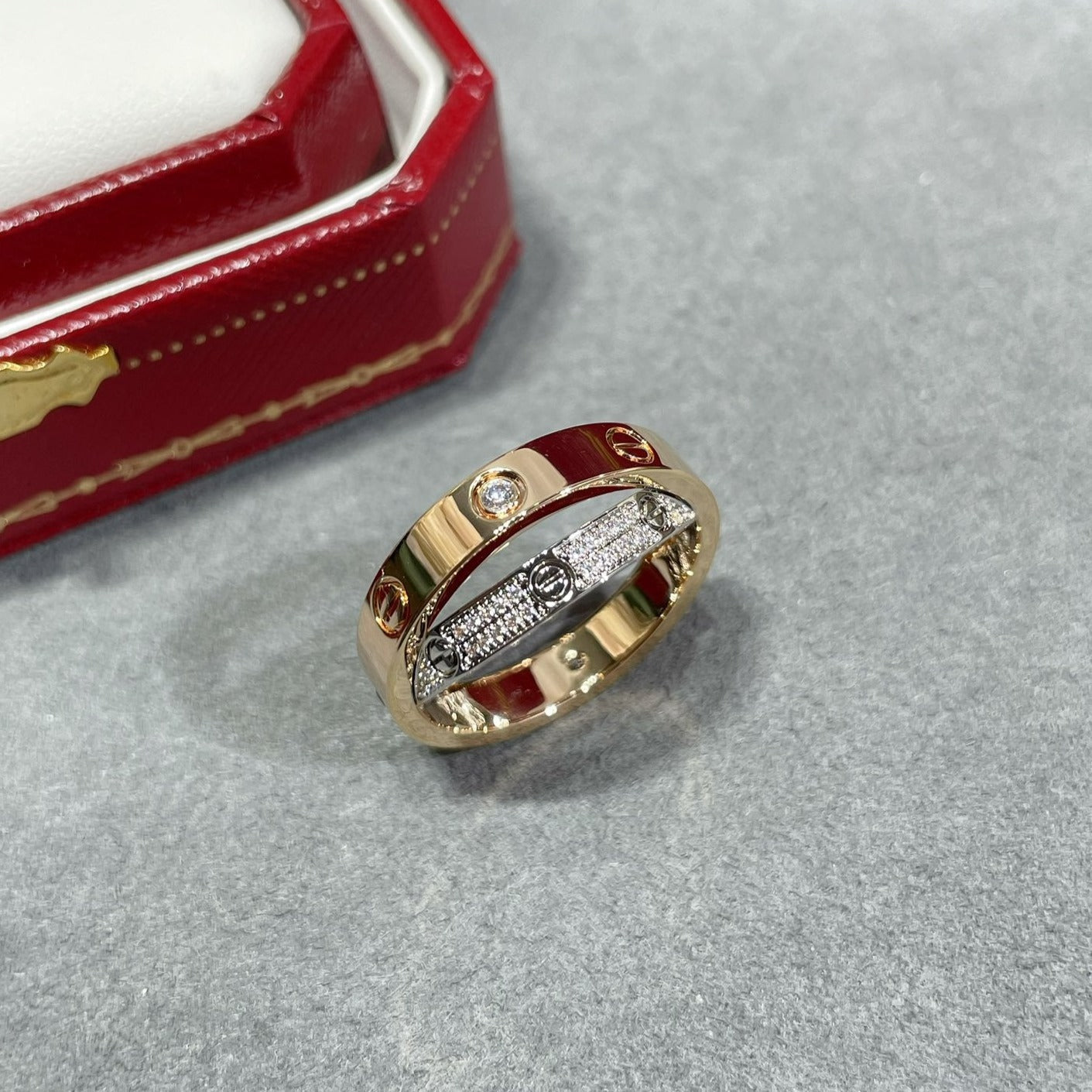[Clover Jewelry]LOVE PINK GOLD SILVER DIAMOND DOUBLE RING