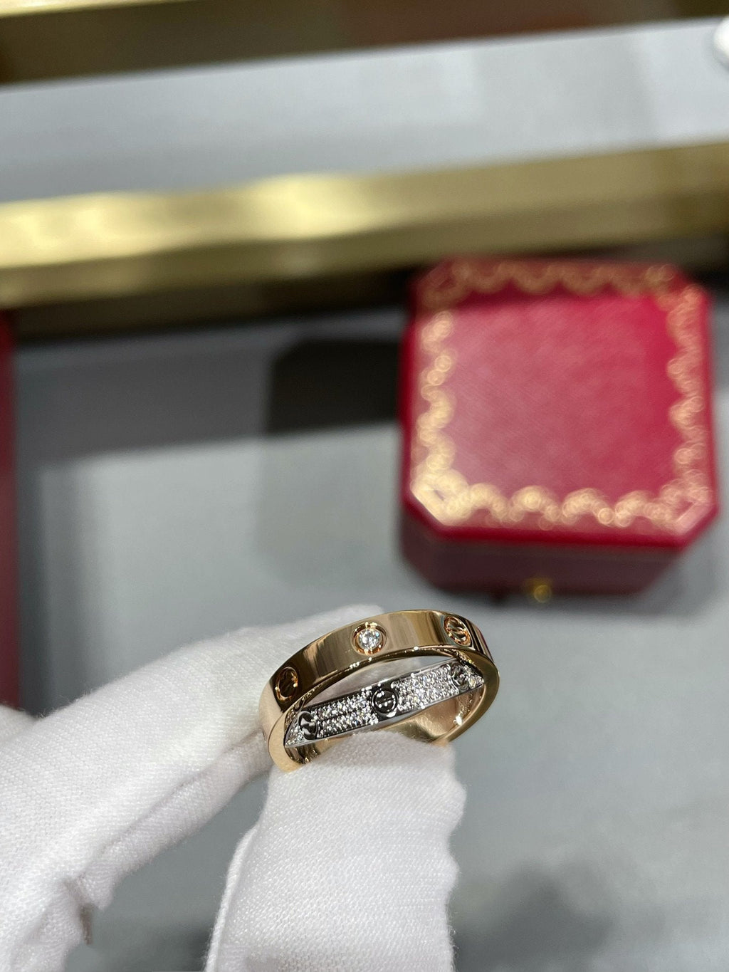 [Clover Jewelry]LOVE PINK GOLD SILVER DIAMOND DOUBLE RING