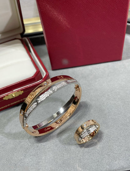 [Clover Jewelery]LOVE PINK GOLD SILVER DIAMOND DOUBLE RING