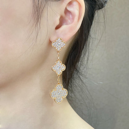 [Clover Jewelery]CLOVER 3 MOTIFS DIAMOND PAVED ROSE GOLD EARRINGS
