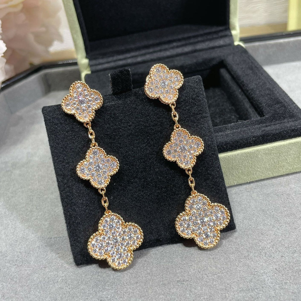 [Clover Jewelry]CLOVER 3 MOTIFS DIAMANT-PAVÉ ROSÉGOLD-OHRRINGE