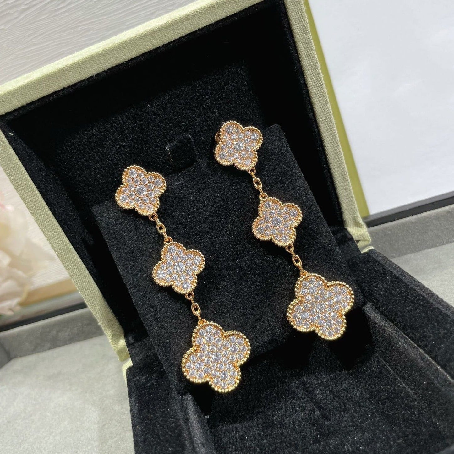 [Clover Jewelery]CLOVER 3 MOTIFS DIAMOND PAVED ROSE GOLD EARRINGS