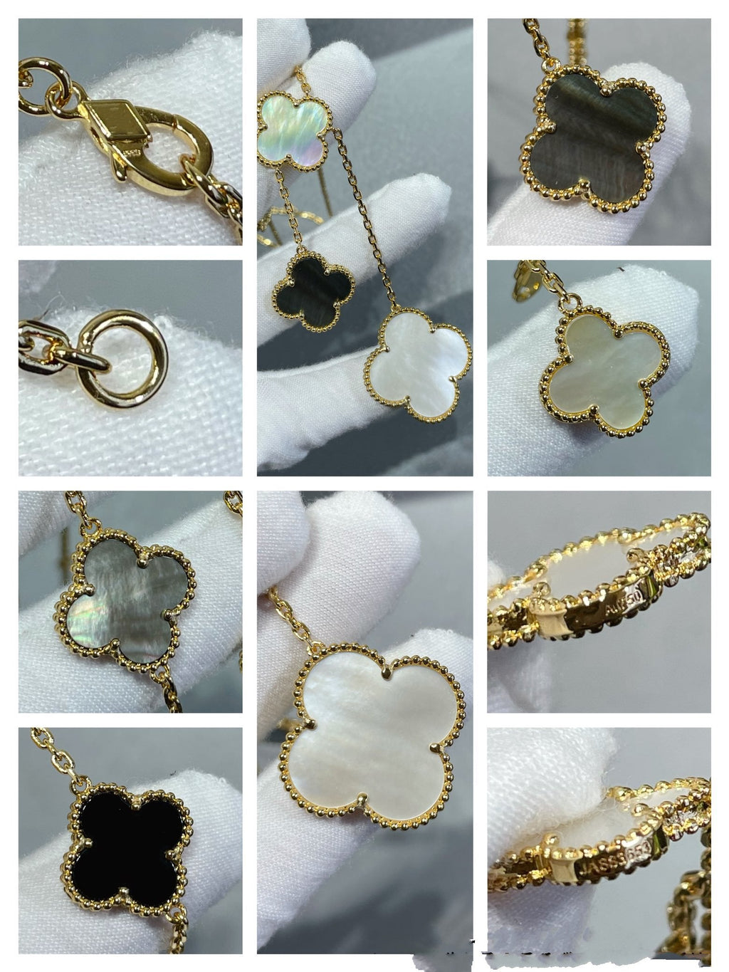 [Clover Schmuck]KLEEBELATT 6 MOTIV PERLMUTT ONYX GOLDHALSKETTE