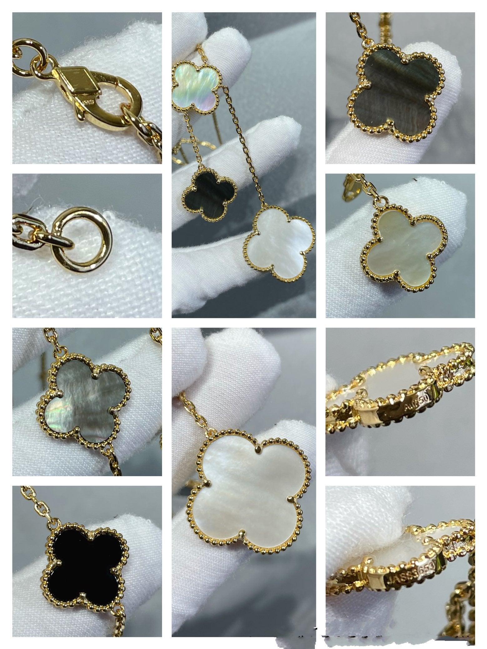 [Clover Schmuck]KLEEBELATT 6 MOTIV PERLMUTT ONYX GOLDHALSKETTE