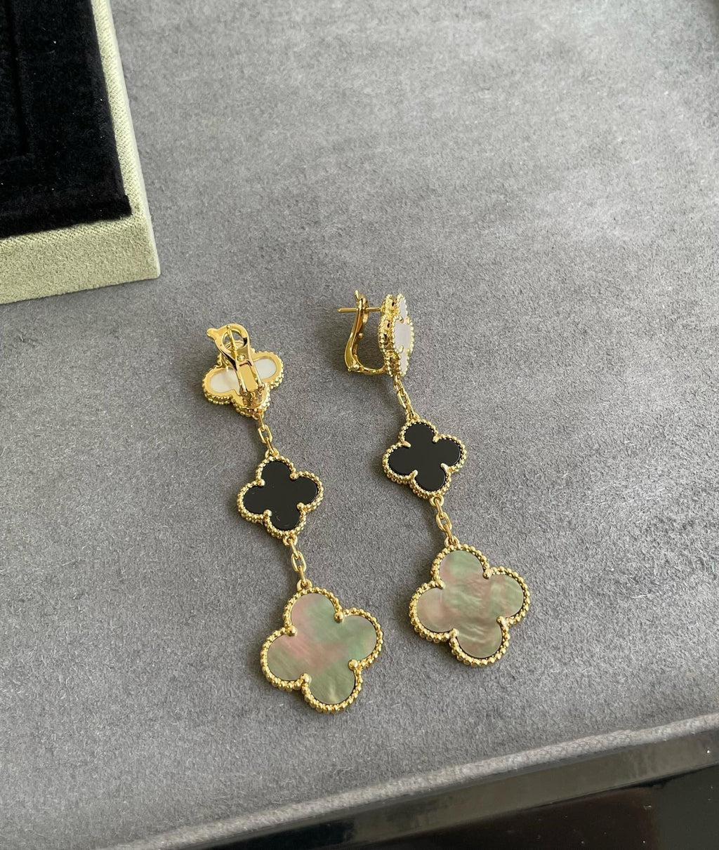 [Clover Jewelry]KLEEBOLATT 3 MOTIV PERLMUTT ONYX DUNKELROSA GOLD OHRRINGE