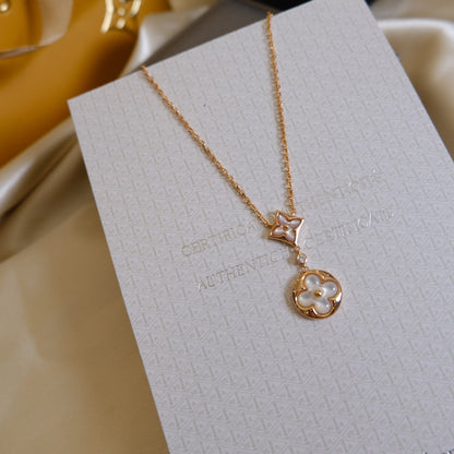 [Clover Jewelery]STAR AND SUN WHITE MOP 2 MOTIF PINK GOLD NECKLACE