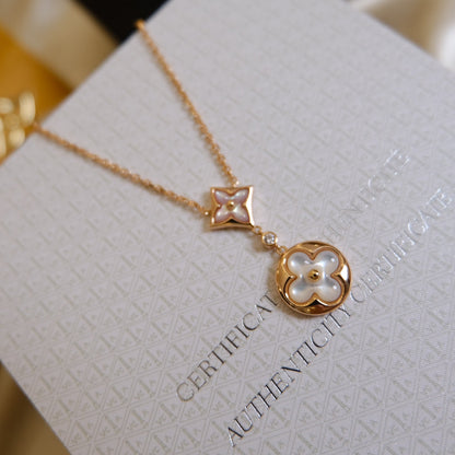 [Clover Jewelery]STAR AND SUN WHITE MOP 2 MOTIF PINK GOLD NECKLACE